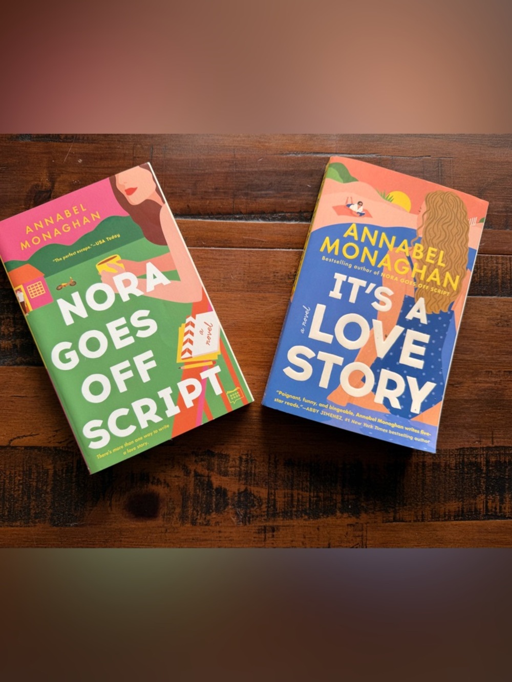 2 Paperbacks by Annabel Monaghan- Nora Goes Off Script & It’s A Love Story